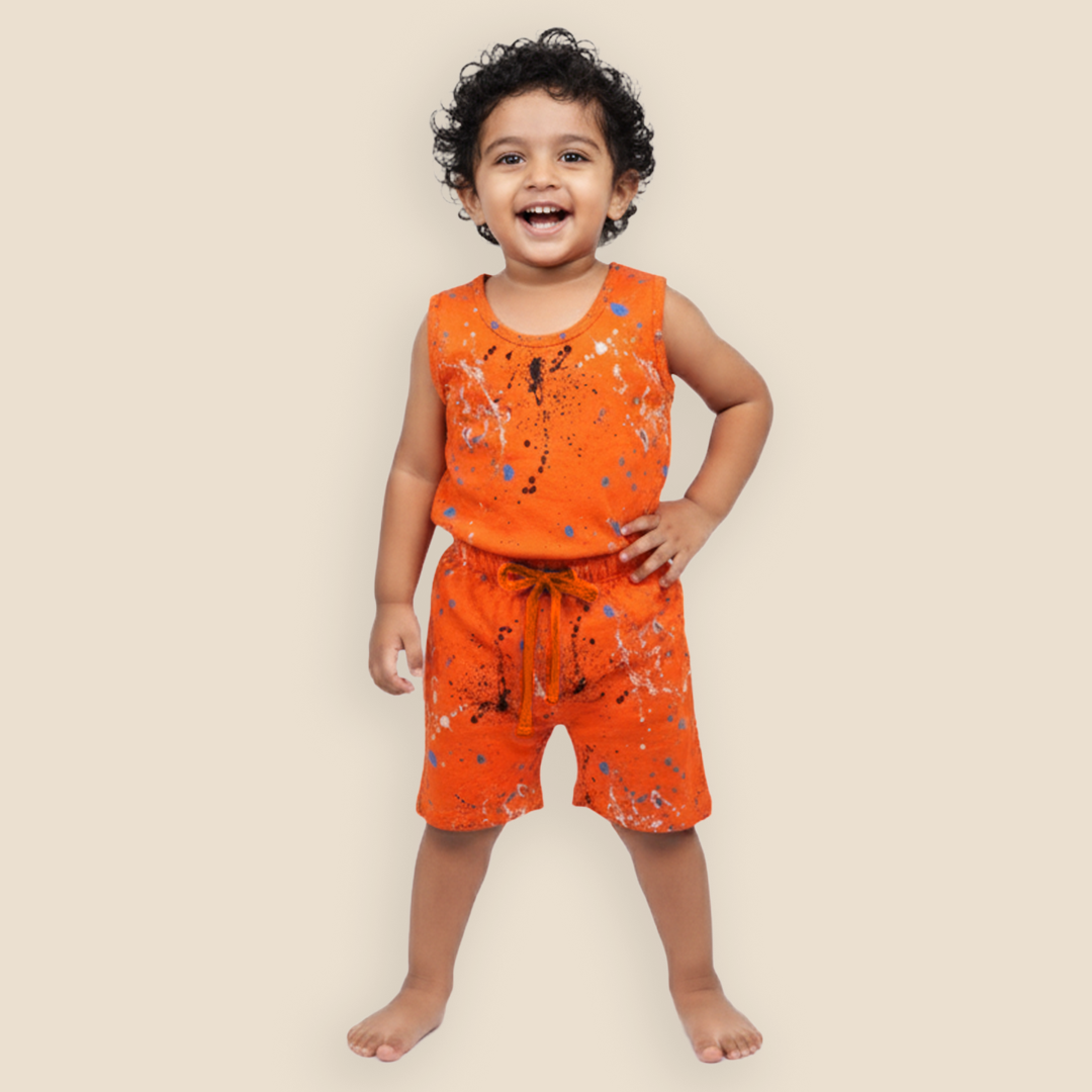 Orange Splash Paint Sleeveless Co-Ord Set