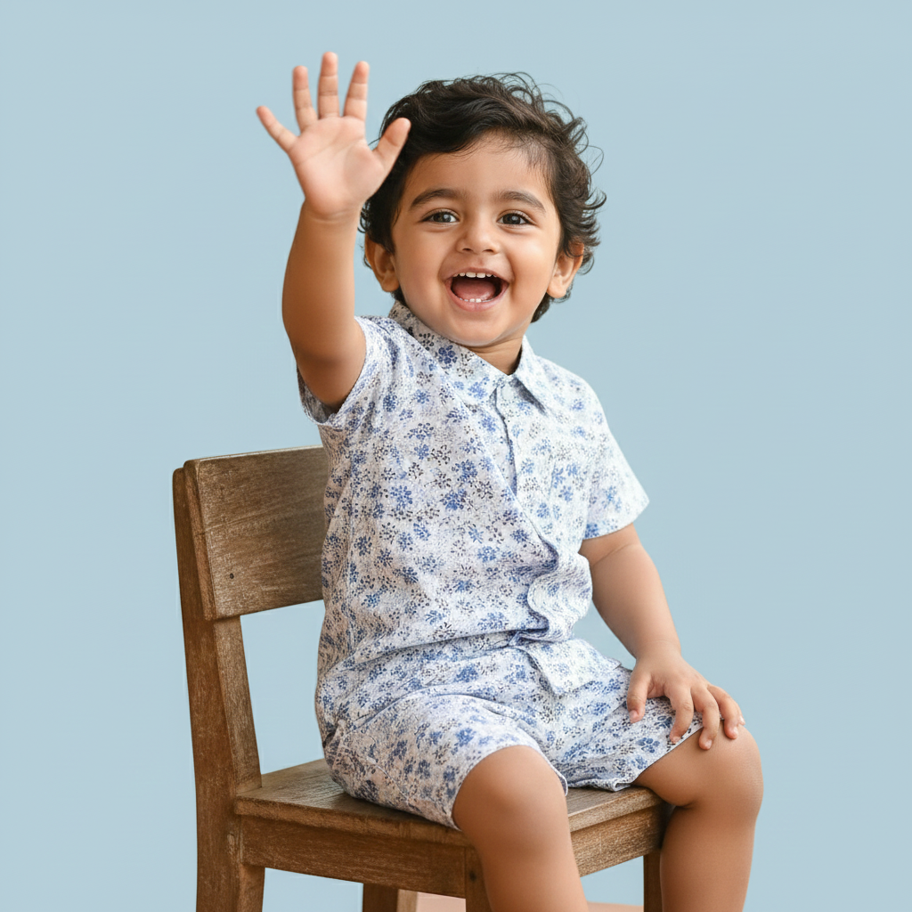 Kids Blue Floral Print Shirt & Shorts Co-Ord Set